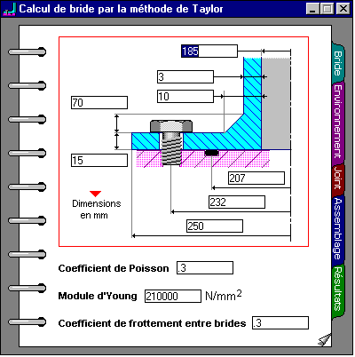 Interface utilisateur du logiciel de calcul de brides